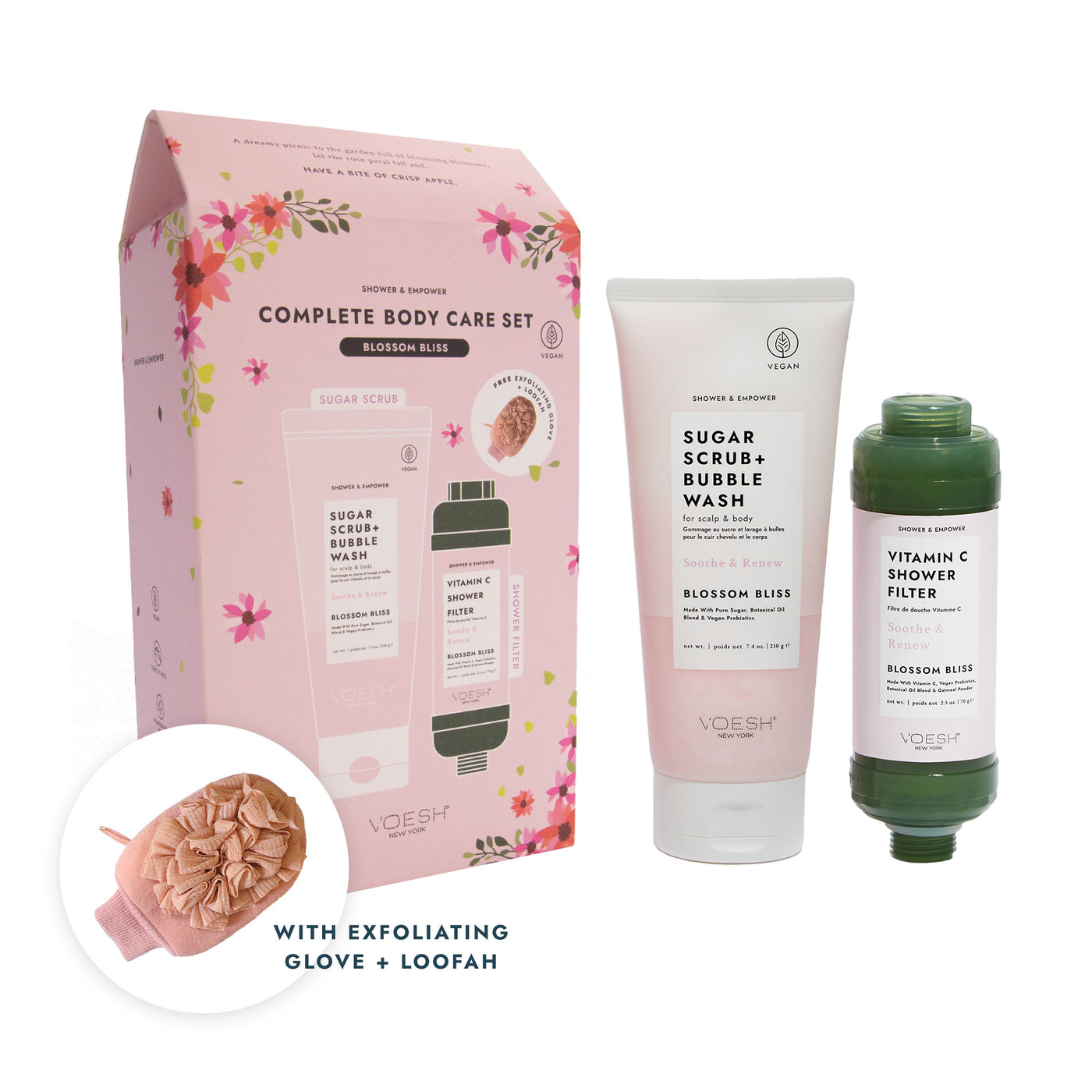 Complete Body Care Set - Blossom Bliss (Filter + Sugar Scrub + Loofah)